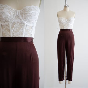high waisted pants 90s y2k vintage glossy silky brown cropped ankle trousers 