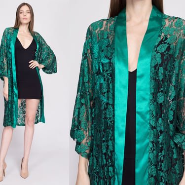90s Victoria's Secret Jade Green Lace Lounge Robe - One Size | Vintage Satin Trim Boho Open Fit Loungewear Kimono 