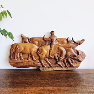 Vintage Thai Water Buffalo Carved Wooden Panel 