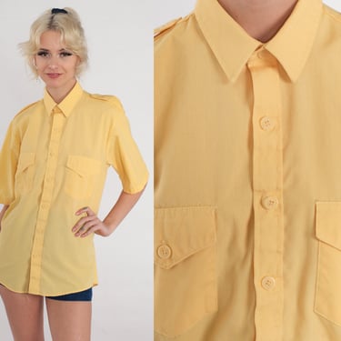 Yellow Shirt 80s Button Up Shirt Retro Military Epaulette Collared Top Chest Pocket Short Sleeve Summer Plain Vintage 1980s Mens Medium 