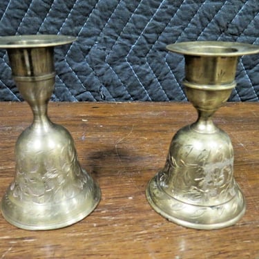 2 Vintage Etched Brass Ringing Bell Candlestick Candle Holders Floral Design 4" 