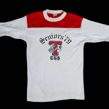 Vintage 1979 Senior Class Tee - Small | 70s White Red High School Mascot T Shirt 