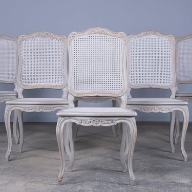 French Louis XV Provincial Style Painted Cane Dining Chairs - Set of 6 