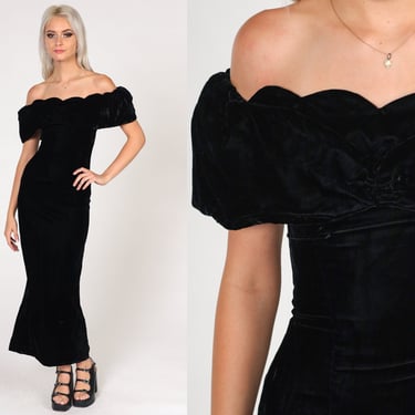 Black Velvet Dress 80s Party Off Shoulder Dress Maxi Cocktail Dress Satin Sheath Prom Wiggle Pencil 1980s Vintage Extra Small xs 0 