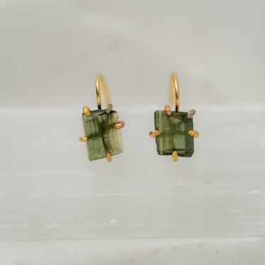 14k-18k Gold Asymmetric Light Green Tourmaline Hook Earrings