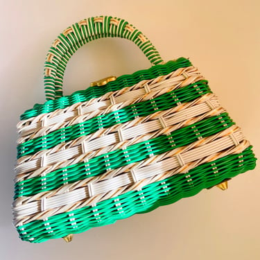 50s Green and White Wicker Handbag / Vinyl Bag / 60s Purse / Vintage Straw Handbag Purse 