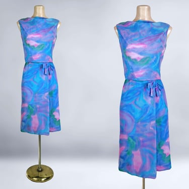 VINTAGE 60s Watercolor Silk Dress and Blouse Set by Mort Schrader 34B/26W/39H | 1960s Sheer Chiffon Colorful Pencil Dress | VFG 