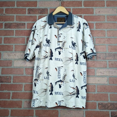 Vintage 90s Collared Fishing Pattern ORIGINAL 1/4 Button Down Shirt - Extra Large 