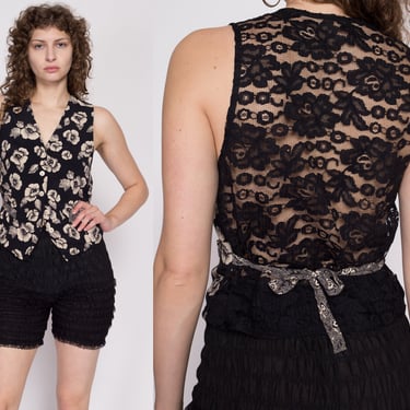 Medium 90s The Limited Black Floral Crop Top Vest | Vintage Sheer Lace Back Button Up Cropped Sleeveless Suit Shirt 