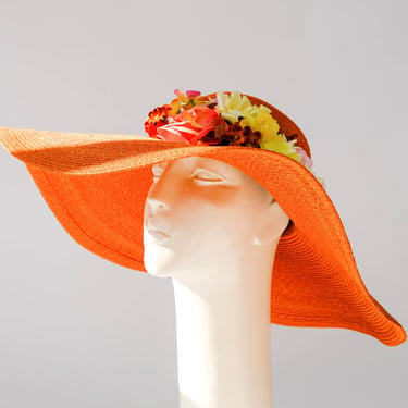 Vintage NEIMAN MARCUS Orange Straw Wide Brim Sun Hat w/ Bouquet Headband | Made in Italy | DEADSTOCK w/ Tags | 1990s Designer Floppy Sun Hat 