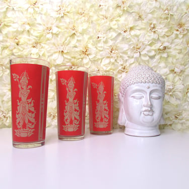 Vintage Culver Federal Glass Indonesian Siam Hindu Goddess High Ball Flat Cooler Glasses Red Mid Century Barware 