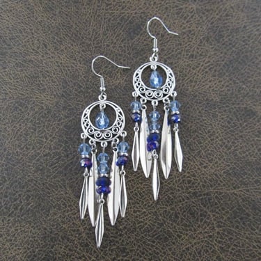 Blue and silver chandelier earrings, gypsy crystal dangle earrings 
