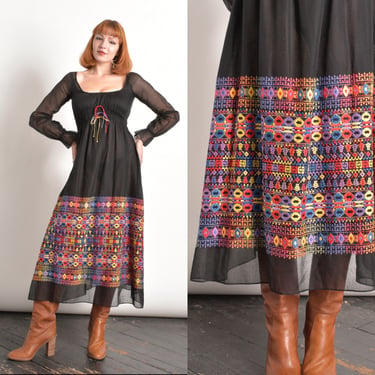 Vintage 1970s Dress / 70s Embroidered Cotton Maxi Dress / Black ( XS S ) 