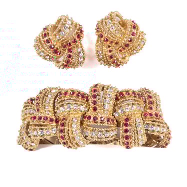 Boucher Red Rhinestone Bracelet and Earrings Set