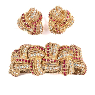 Boucher Red Rhinestone Bracelet and Earrings Set