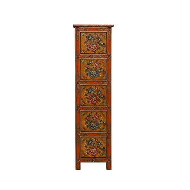 Tibetan Style Orange Flower Graphic Slim Narrow 5 Shelves Storage Cabinet ws4624E 
