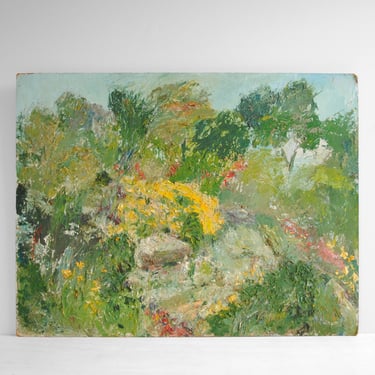 Vintage Landscape Painting of Trees, Plants, and Flowers in Green and Blue, Impressionist Oil Painting 