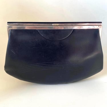 Art Deco 1930s Stylish Black Leather & Chrome Clutch handbag purse flapper Bauhaus by BakeliteBa