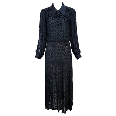 1970's Black Polka Dot Devore Velvet Collared Dress