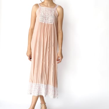 1960s Pink Silk & Lace Maxi Dress, sz. S-L