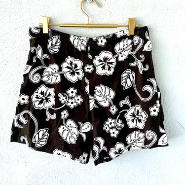 Vintage Hawaiian Floral Shorts 80s 90s Hawaii Black White Hibiscus High Waisted Shorts 