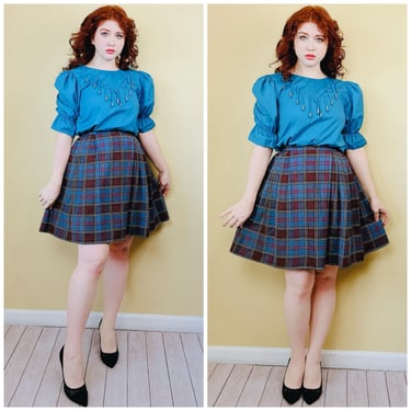 1980s Vintage Blue Wool / Acrylic Plaid Skirt / 80s High Waisted Pleated Check Skirt / Size Small 26