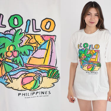 Philippines Shirt Y2K IloIlo City T-Shirt Tropical Beach Palm Tree Sailboat Graphic Tee Tourist Travel Souvenir White Vintage 00s Medium M 