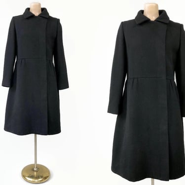VINTAGE 50s 60s Black Wool Gabardine Babydoll Swing Coat by Dorothy Schreiber | 1950s 1960s Dress Coat |  VFG 