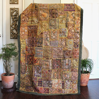 5' x 3.5' Old Rajasthani Indian Patchwork Zari Tapestry - Handmade Embroidered Couch Stitched Mirror Work 