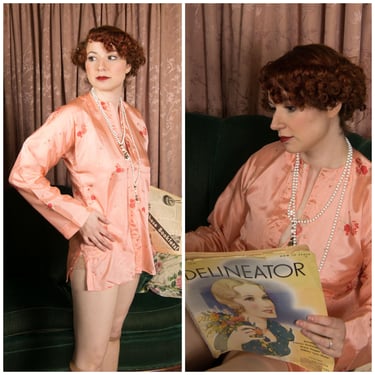 1930s Top  - A Lustrous Vintage 1920s or 30s Synthetic Silk Pajama Top in Pink with Roses 