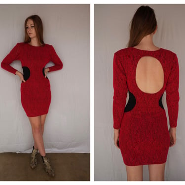Body Con Mini Dress / 80's Sexy Red Hot Dress with Open Back Cut Out / Stagewear / Party Dress / High Neckline / Body Con / Black and Red 