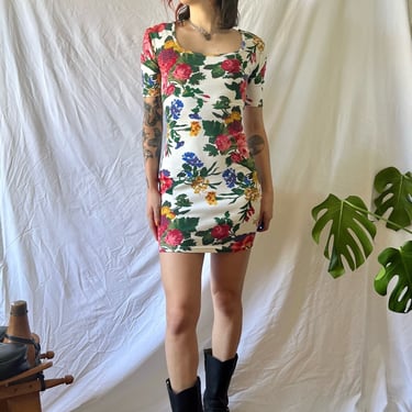 90's Body Con Mini Dress / Vintage Printed and Stretchy Summer Dress / Pretty Pink Floral Body Con Dress / Express Tricot 