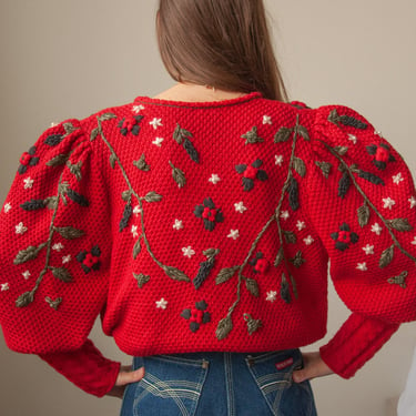 6655t / red hand embroidered puff sleeve cardigan sweater / m / l 