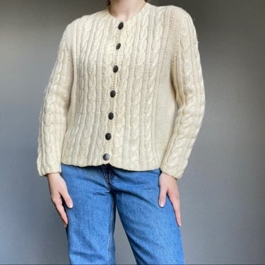 Vintage Women’s Cream White Wool Hand Knit Cable Knit Fisherman Cardigan Sz M 