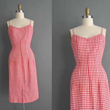 vintage 1950s Red Gingham Cotton Wiggle Dress | Medium 