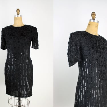 80s Black Beaded Mini Dress / Party Dress / 1980s / Black Silk Dress / Size S/M 