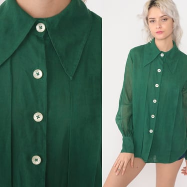 70s Button Up Blouse Dark Green Shirt Sheer Long Sleeve Disco 1970s Dagger Collar Shirt Vintage Retro Plain Pleated Medium 