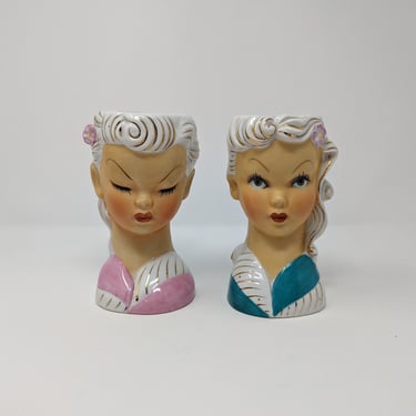 Vintage Mid Century Pair of Lady Head Vases - MCM Made in Japan 50s / 60s Women Face Vases 