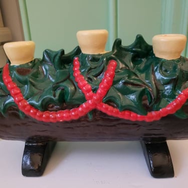 RARE! Vintage Atlantic Mold ceramic company Yule Log candle holder Mantel decor Holiday centerpiece 