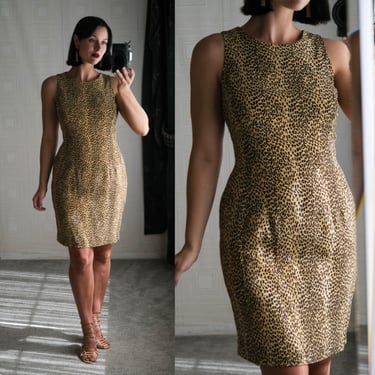 Vintage 90s Maggy London Silk Leopard Print Sheath Dress | 100% Silk | Grunge Era, Street Chic | 1990s Designer Bohemian Silk Mini Dress 