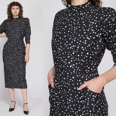 Medium 80s Black & White Polka Dot Midi Dress | Vintage Dolman Sleeve Shoulder Pad Shelf Pocket Dress 