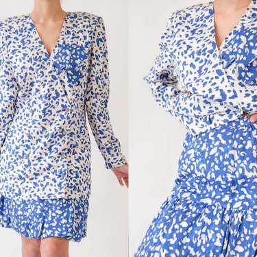Vintage 80s Junnie Leigh Cobalt Blue & Ivory Silk Geometric Jacquard Double Breasted Jacket Mini Skirt Set | 100% Silk | 1980s Designer Set 