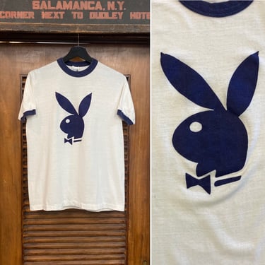 Vintage 1970’s “Playboy” Bunny Flocked Detail Ringer Tee Shirt, 70’s T-Shirt, Vintage Clothing 