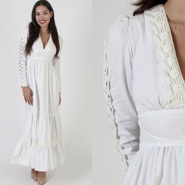 Gunne Sax Sweeping Full Skirt Dress / Vintage 70s Sheer Crochet Sleeves / Renaissance Faire Outfit / Bohemian Prairie Wedding Maxi Gown 