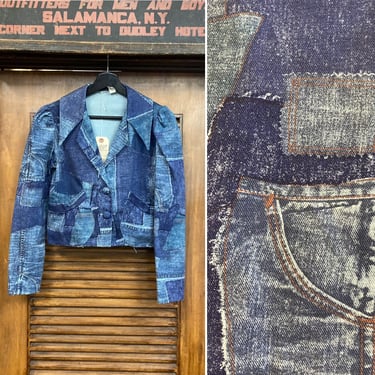 vintage 1960’s Denim Patchwork Print Soul Funk Cropped Jacket, 60’s Patchwork Print, Vintage Cropped Blazer, Vintage Clothing 