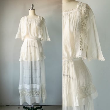 1910s Antique Dress Sheer Organza Lace M 