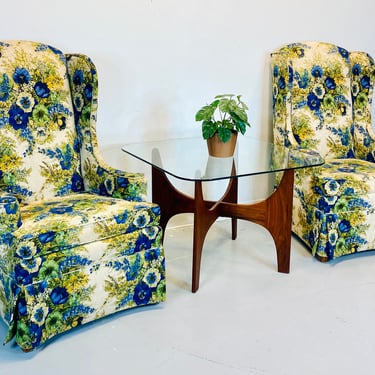 Mid Century Ethan Allen Floral Wingback Accent Armchairs, Pair of MCM Hollywood Regency High Back Turquoise and Green Lounge Chairs 