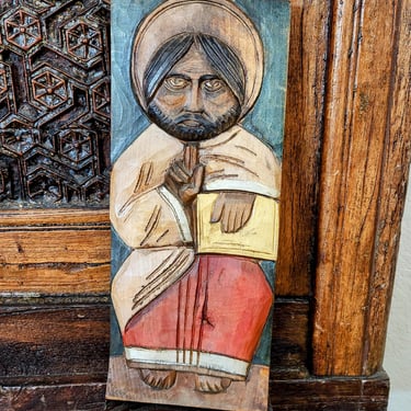 Vintage Santos Carving~Hand Carved  Wood Saint/Monk Sculpture~Wall Decor 