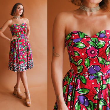Vintage 80s Floral Strapless Cotton Dress/ 1980s Sweetheart Fit and Flare Party Dress/ Size Small 