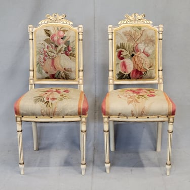 Vintage French Neoclassical Style Chairs With Antique Tapestry Upholstery - a Pair